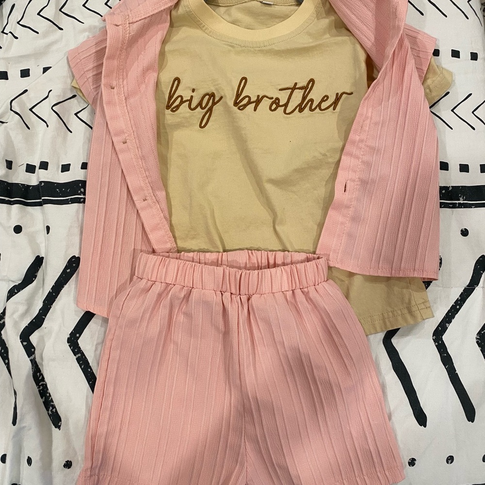 Pink Striped Shirt and Shorts Set with Yellow 'Big Brother' Tee